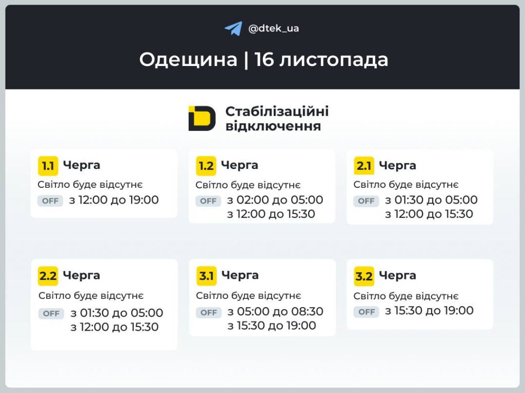 Енергетики оприлюднили графіки відключення світла в Одеській області на 16 листопада Енергетики оприлюднили графіки відключення світла в Одеській області на 16 листопада